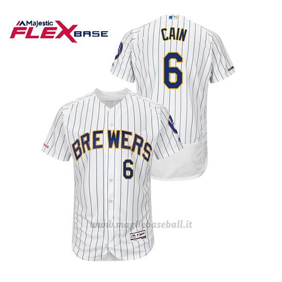 Maglia Baseball Uomo Milwaukee Brewers Lorenzo Cain 150th Aniversario Patch Autentico Flex Base Bianco Blu